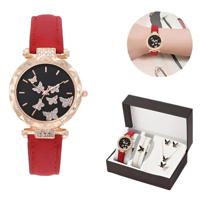 SET 5 PIEZAS RELOJ MUJER LUJO MARIPOSAS FASHION ELEGANTE ROSA CHICLE DORADO OSCURO NEGRO