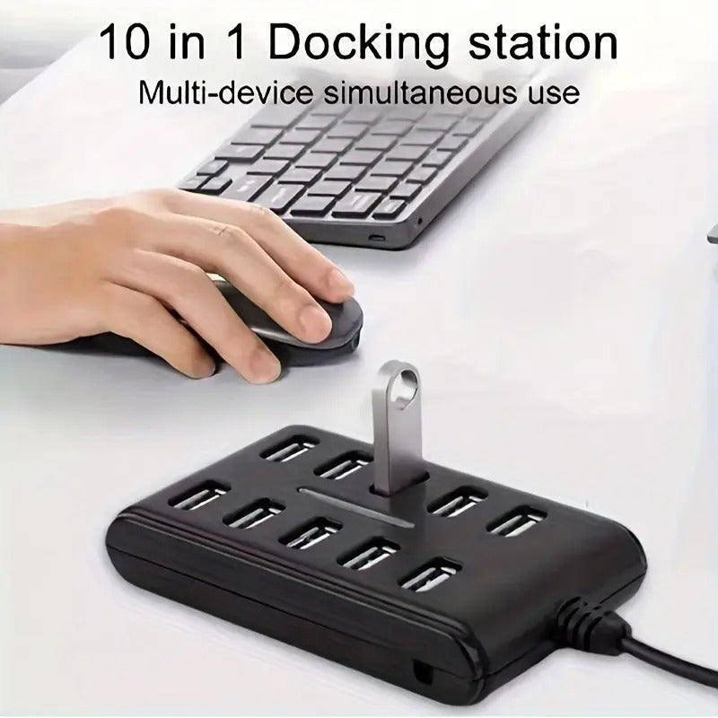 HUB USB 10 PUERTOS LUZ LED NEGRO