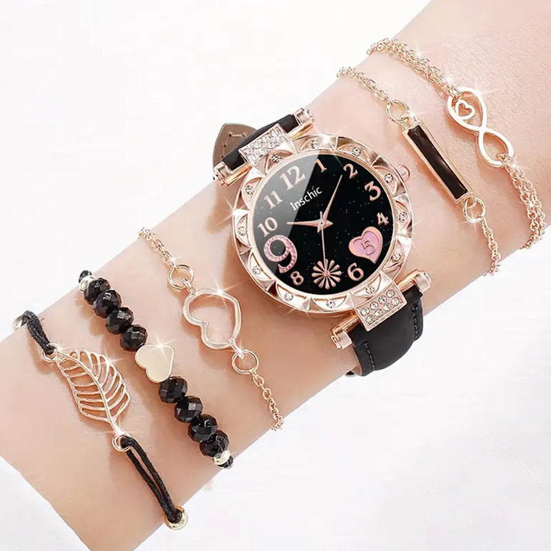 SET RELOJ MUJER LUJO 5 PULSERAS ANÁLOGO CORAL BRILLANTE NEGRO CORAL CLARO NEGRO
