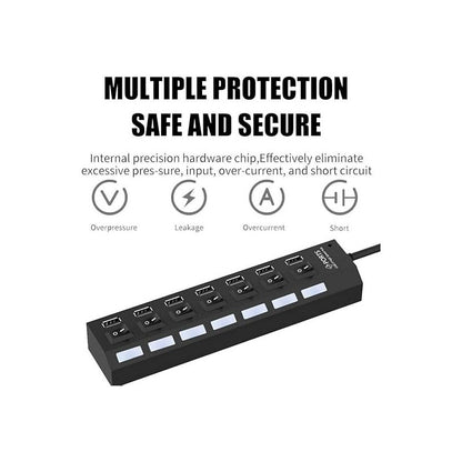 HUB USB 2.0 7 PUERTOS LED INTERRUPTOR INDIVIDUAL NEGRO