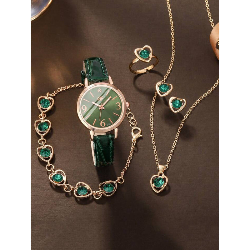SET 6 PIEZAS RELOJ VERDE ESMERALDA ANILLO PULSERA ARETES VERDE MUSGO DORADO OSCURO VERDE MUSGO