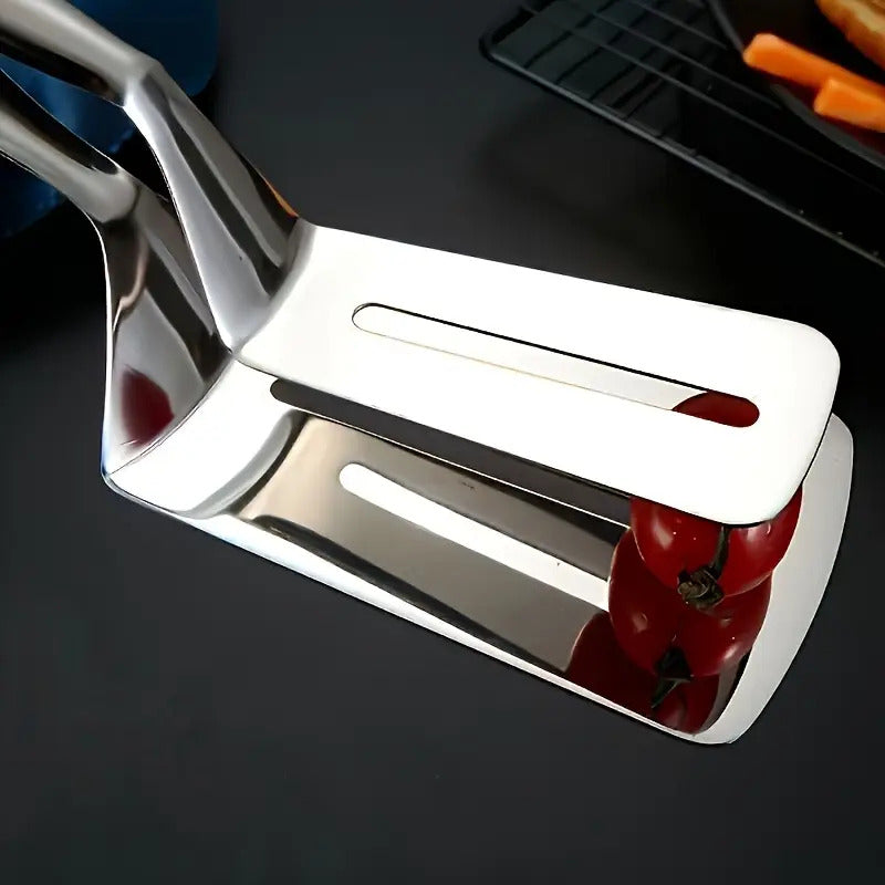 ESPÁTULA DOBLE PINZA COCINA CARNE BISTEC ACERO INOXIDABLE PLATEADO