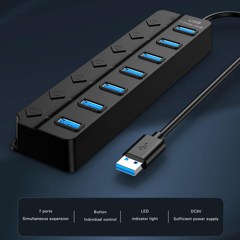 HUB USB 7 PUERTOS 3.0 LUZ LED INTERRUPTOR INDEPENDIENTE NEGRO
