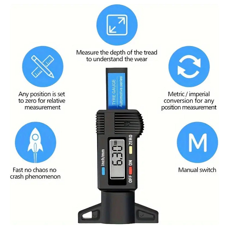 MEDIDOR DIGITAL LCD PROFUNDIDAD NEUMÁTICOS LLANTAS VEHICULO NEGRO