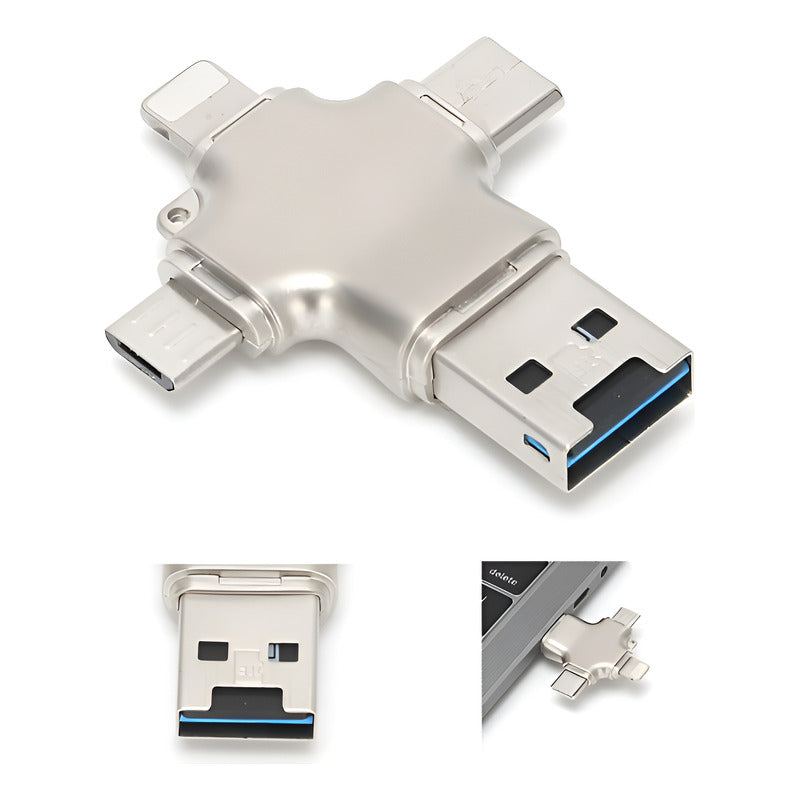 LECTOR TARJETAS MICRO SD 4 EN 1 USB OTG TIPO C LIGHTNING PLATEADO