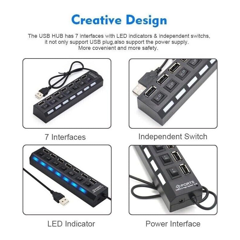 HUB USB 2.0 7 PUERTOS LED INTERRUPTOR INDIVIDUAL NEGRO