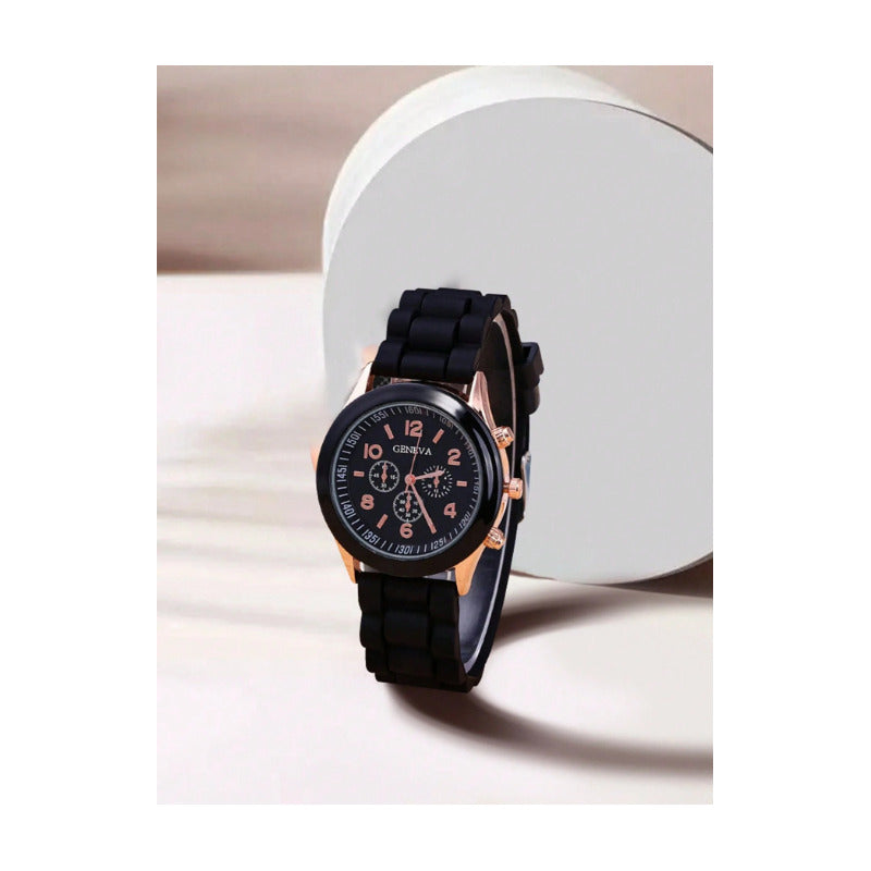 SET RELOJ MUJER LUJO 5 PULSERAS ANÁLOGO CORAL BRILLANTE NEGRO NEGRO NEGRO