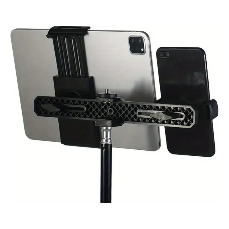 BASE SOPORTE UNIVERSAL DOBLE TABLET CELULAR ROSCA 1/4 TRIPOD NEGRO