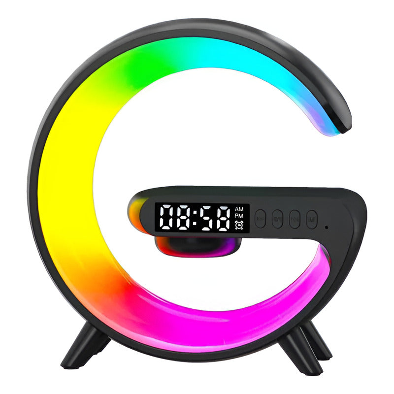 CARGADOR CELULAR INALAMBRICO RGB RELOJ SPEAKER BLUETOOH NEGRO