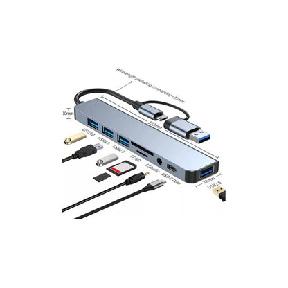 LECTOR TARJETAS HUB 8 EN 1 OTG-C USB 3.0 AUDIO JACK 3.5 5V PLATEADO