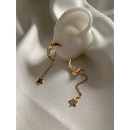 PENDIENTES ARETES STAR MOON CADENA LARGA DORADO OSCURO