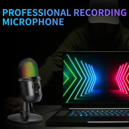 MICROFONO PODCAST USB LUZ LED RGB CARDIOIDE CONDENSADOR PRO NEGRO