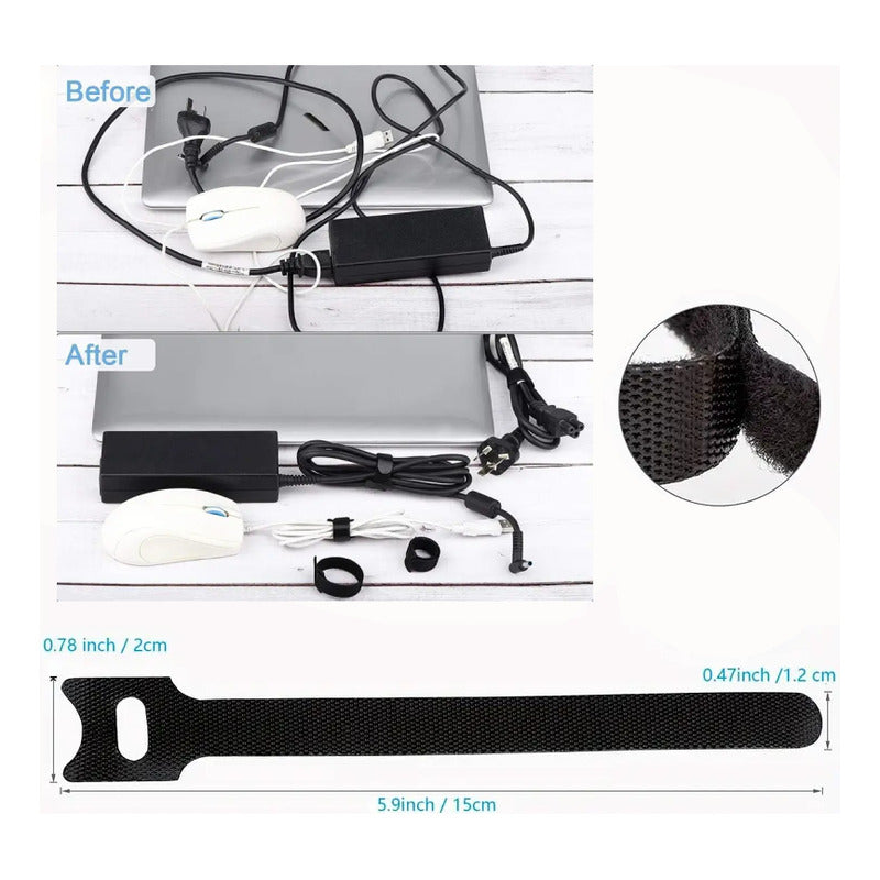 5X ORGANIZADOR CABLES ATACABLES VELCRO ORIFICIO FIJACIÓN NEGRO