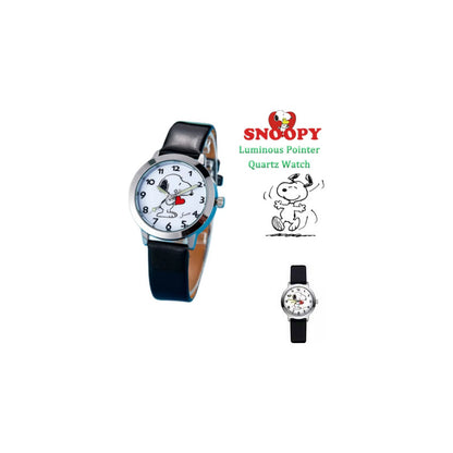 RELOJ SNOOPY LUJO CORREA CUERO MANECILLAS LUMINOSAS MUJER NEGRO CROMADO BLANCO