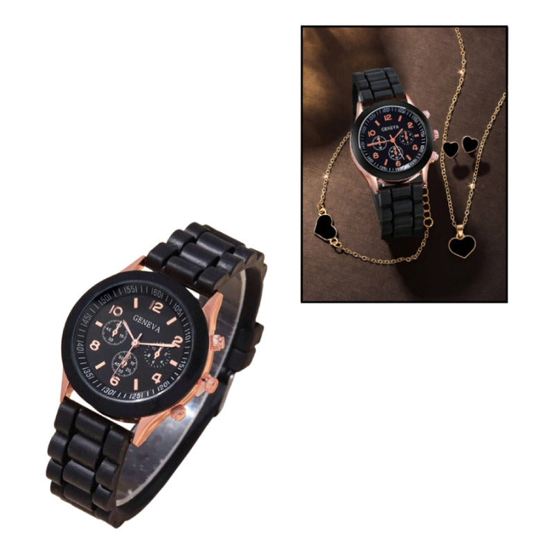 SET RELOJ MUJER LUJO 5 PULSERAS ANÁLOGO CORAL BRILLANTE NEGRO NEGRO NEGRO