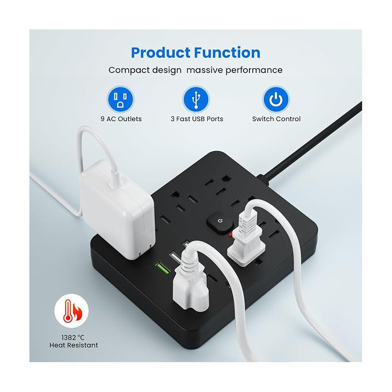 MULTITOMA 8 SALIDAS 4 USB 2 TIPO C NEGRO SWITCH ENCENDIDO NEGRO 110V