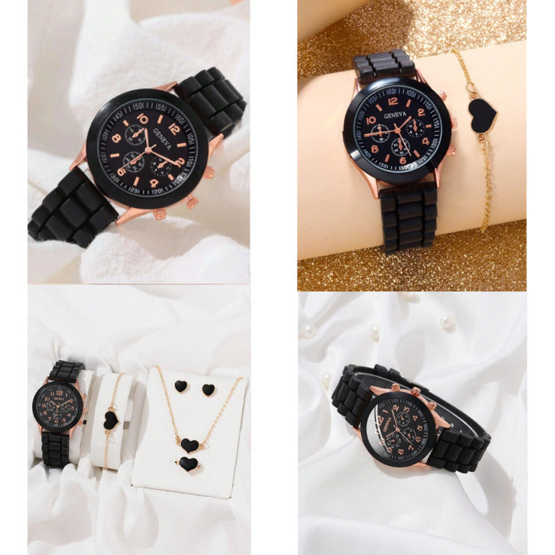 SET RELOJ MUJER LUJO 5 PULSERAS ANÁLOGO CORAL BRILLANTE NEGRO NEGRO NEGRO
