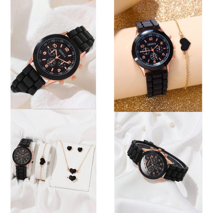 SET RELOJ MUJER LUJO 5 PULSERAS ANÁLOGO CORAL BRILLANTE NEGRO NEGRO NEGRO