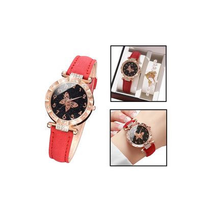 SET 2 PIEZAS RELOJ MUJER LUJO PULSERA MARIPOSA ROSA BLANCO ROSA CHICLE DORADO OSCURO NEGRO