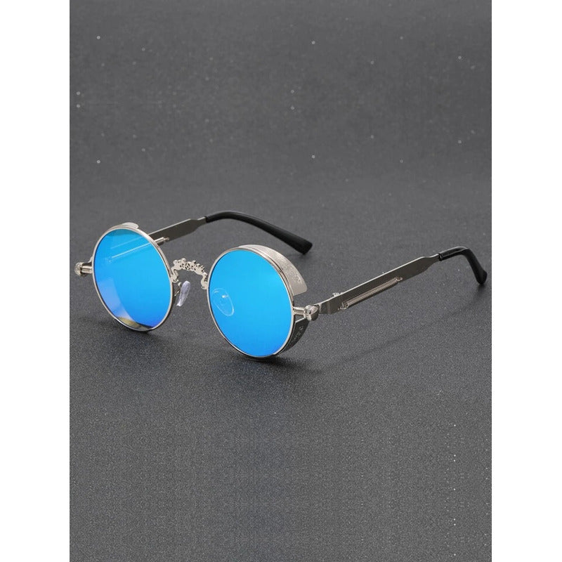 GAFAS SOL POLICARBONATO UV REDONDAS STEAMPUNK FASHION AZUL REDONDO AZUL ACERO PLATEADO PLATEADO