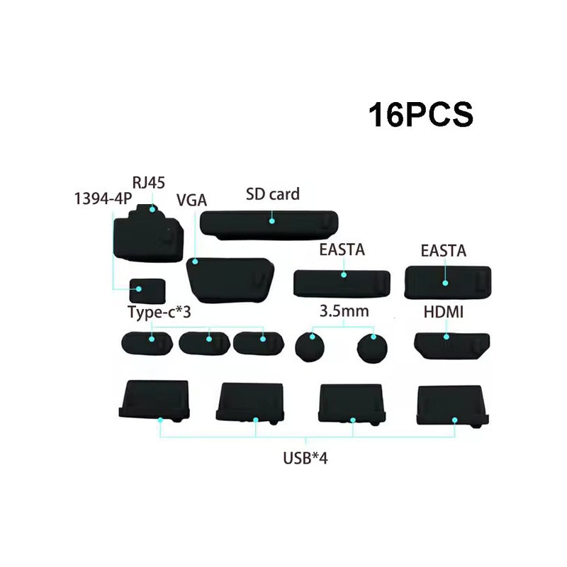 16 UND TAPÓN ANTIPOLVO PORTÁTIL PC USB HDMI VGA TIPO C NEGRO NEGRO