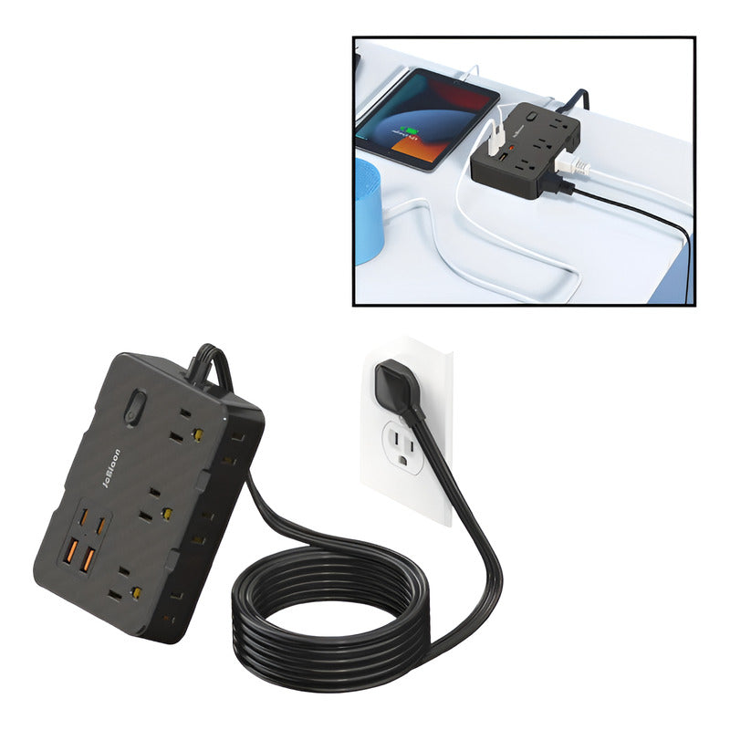 MULTITOMA 6 SALIDAS 2 USB 2 TIPO C NEGRO SWITCH ENCENDIDO NEGRO 110V