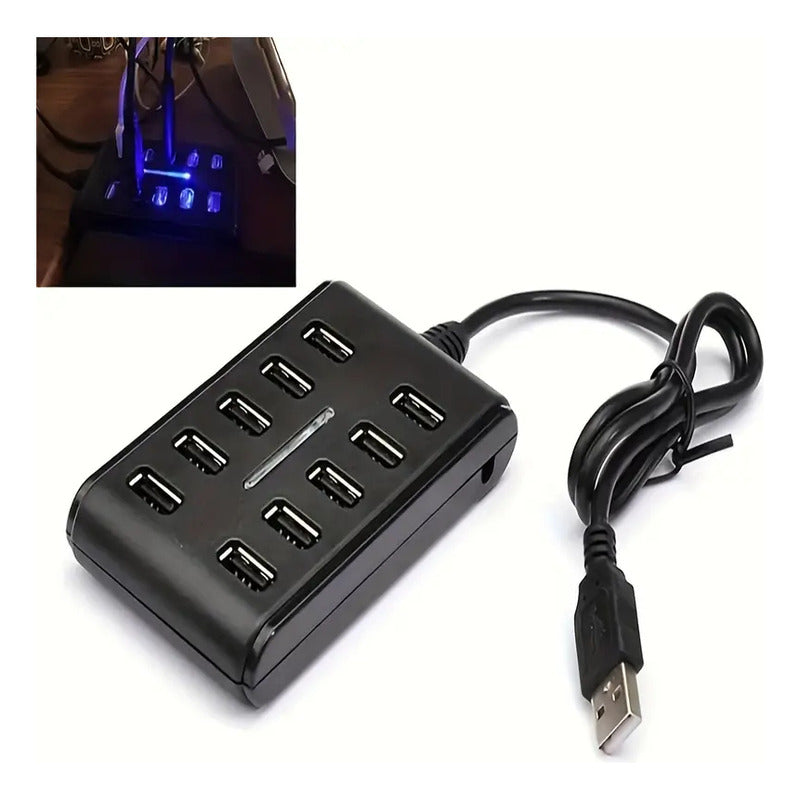 HUB USB 10 PUERTOS LUZ LED NEGRO