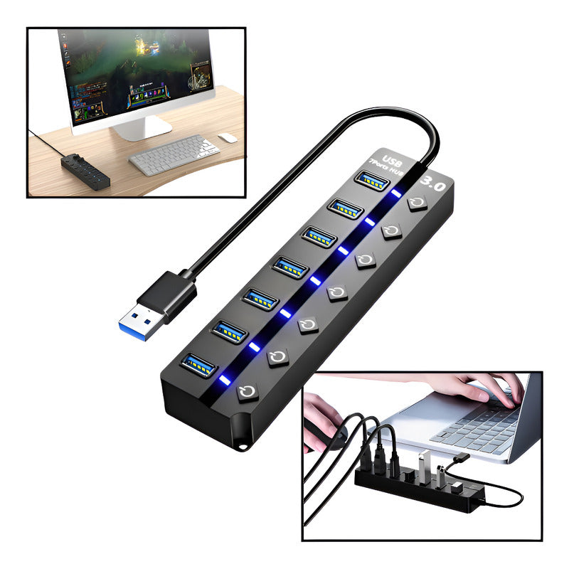 HUB USB 7 PUERTOS 3.0 LUZ LED INTERRUPTOR INDEPENDIENTE NEGRO