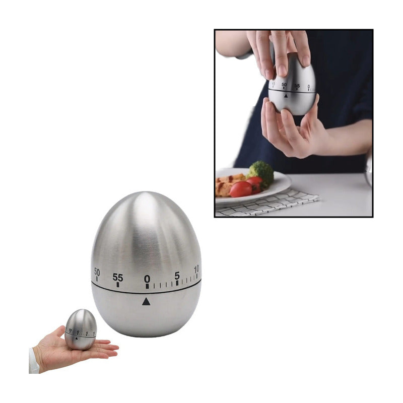 TEMPORIZADOR COCINA DISEÑO HUEVO ACERO INOXIDABLE MECÁNICO PLATEADO TIPO HUEVO