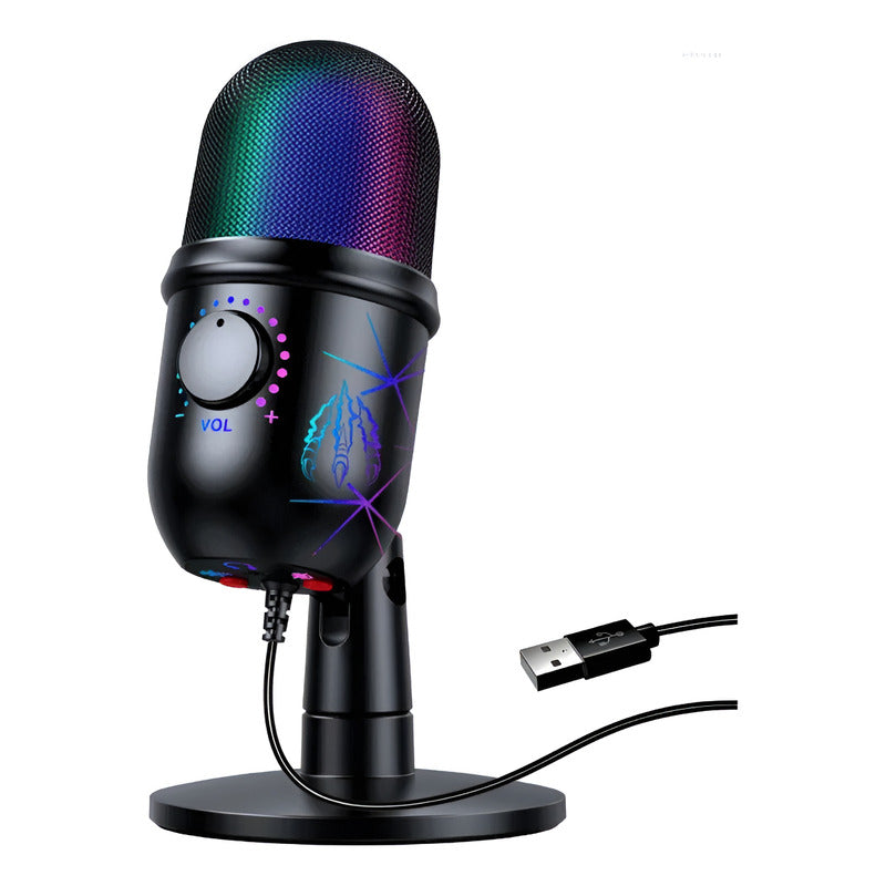 MICROFONO PODCAST USB LUZ LED RGB CARDIOIDE CONDENSADOR PRO NEGRO