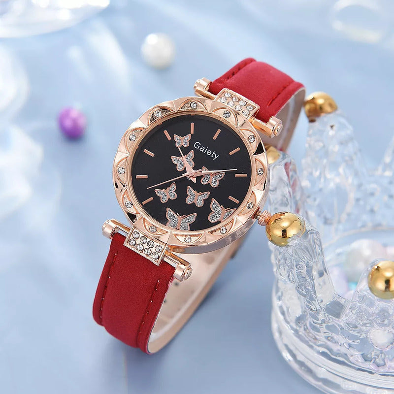 SET 5 PIEZAS RELOJ MUJER LUJO MARIPOSAS FASHION ELEGANTE ROSA CHICLE DORADO OSCURO NEGRO