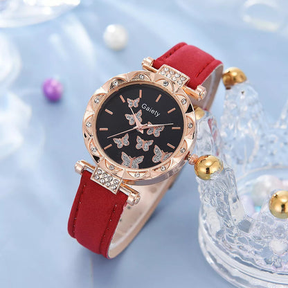 SET 5 PIEZAS RELOJ MUJER LUJO MARIPOSAS FASHION ELEGANTE ROSA CHICLE DORADO OSCURO NEGRO