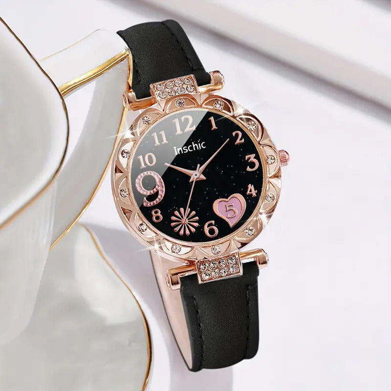 SET RELOJ MUJER LUJO 5 PULSERAS ANÁLOGO CORAL BRILLANTE NEGRO CORAL CLARO NEGRO