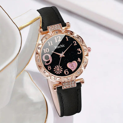 SET RELOJ MUJER LUJO 5 PULSERAS ANÁLOGO CORAL BRILLANTE NEGRO CORAL CLARO NEGRO