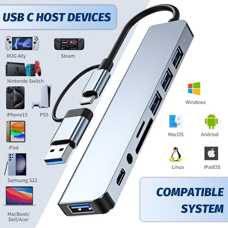 LECTOR TARJETAS HUB 8 EN 1 OTG-C USB 3.0 AUDIO JACK 3.5 5V PLATEADO