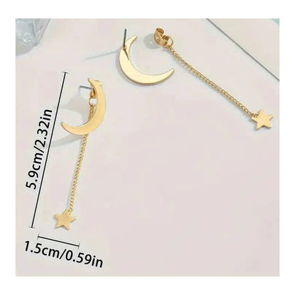 PENDIENTES ARETES STAR MOON CADENA LARGA DORADO OSCURO