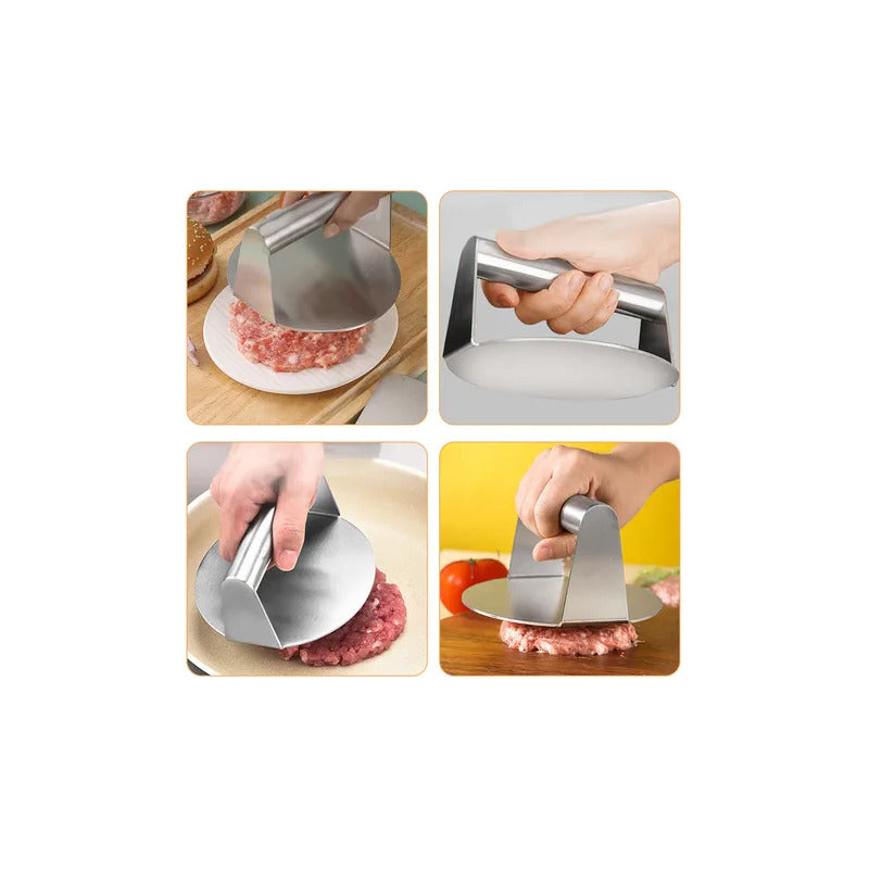 PRENSA CARNE HAMBURGUESA BISTEC ACERO INOXIDABLE ANTIADHEREN PLATEADO