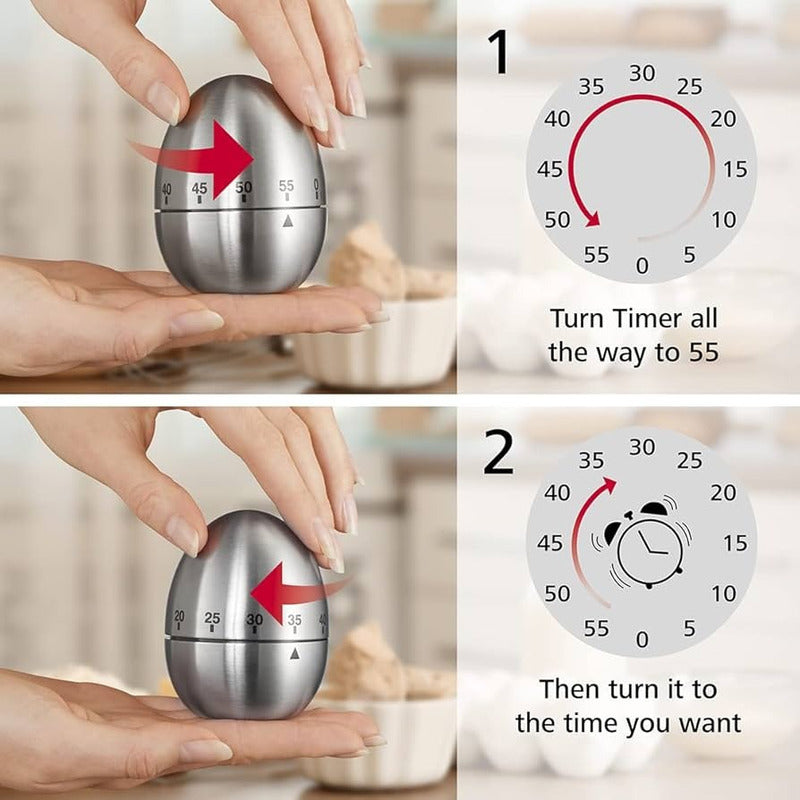 TEMPORIZADOR COCINA DISEÑO HUEVO ACERO INOXIDABLE MECÁNICO PLATEADO TIPO HUEVO
