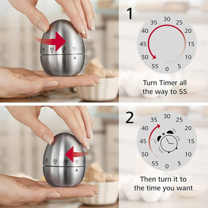 TEMPORIZADOR COCINA DISEÑO HUEVO ACERO INOXIDABLE MECÁNICO PLATEADO TIPO HUEVO