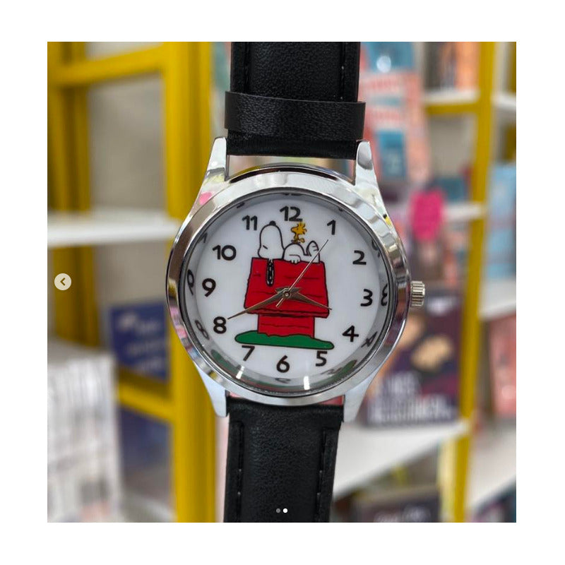 RELOJ SNOOPY CASA LUJO CORREA CUERO MUJER NEGRO CROMADO BLANCO