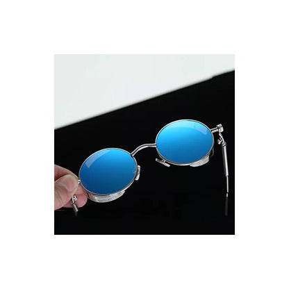 GAFAS SOL POLICARBONATO UV REDONDAS STEAMPUNK FASHION AZUL REDONDO AZUL ACERO PLATEADO PLATEADO