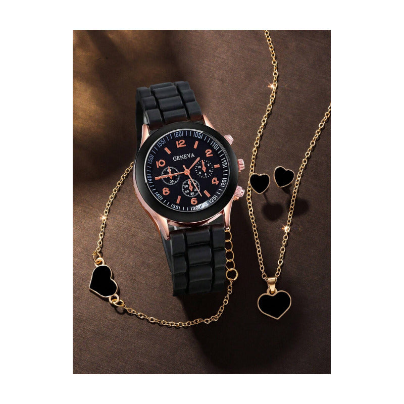 SET RELOJ MUJER LUJO 5 PULSERAS ANÁLOGO CORAL BRILLANTE NEGRO NEGRO NEGRO