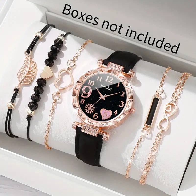 SET RELOJ MUJER LUJO 5 PULSERAS ANÁLOGO CORAL BRILLANTE NEGRO CORAL CLARO NEGRO