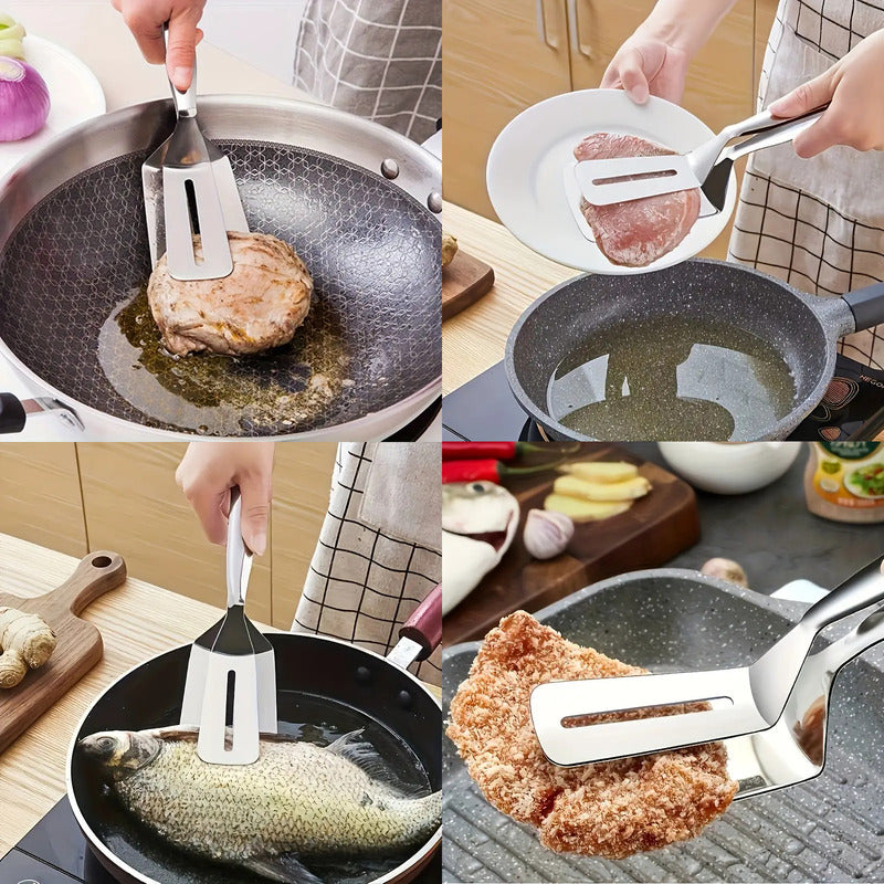 ESPÁTULA DOBLE PINZA COCINA CARNE BISTEC ACERO INOXIDABLE PLATEADO