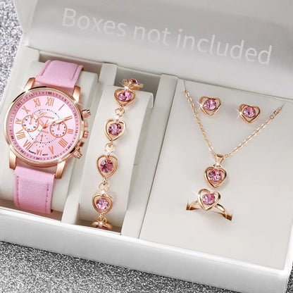 SET 5 PIEZAS RELOJ MUJER LUJO PULSERA ANILLO ARETES COLLAR ROSA ROSA CLARO ROSA