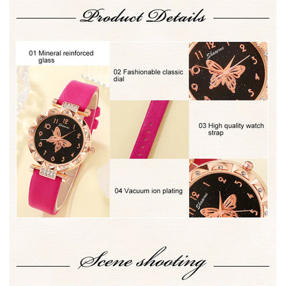 SET 4 PIEZAS RELOJ MUJER LUJO PULSERA ARETES COLLAR MARIPOSA ROSA CHICLE DORADO OSCURO NEGRO