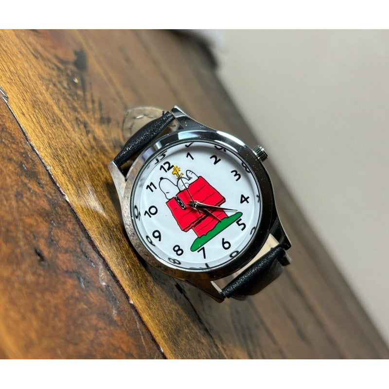 RELOJ SNOOPY CASA LUJO CORREA CUERO MUJER NEGRO CROMADO BLANCO