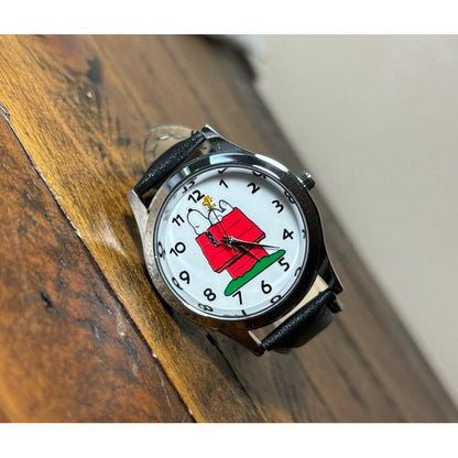 RELOJ SNOOPY CASA LUJO CORREA CUERO MUJER NEGRO CROMADO BLANCO