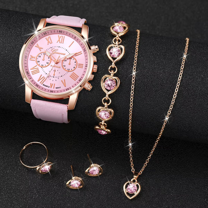 SET 5 PIEZAS RELOJ MUJER LUJO PULSERA ANILLO ARETES COLLAR ROSA ROSA CLARO ROSA