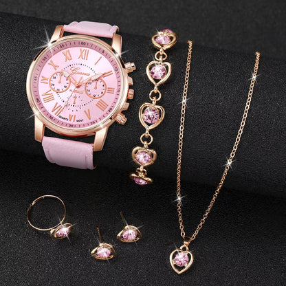 SET 5 PIEZAS RELOJ MUJER LUJO PULSERA ANILLO ARETES COLLAR ROSA ROSA CLARO ROSA